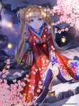  1girl brown_eyes cherry_blossoms eternal_wars floral_print highres japanese_clothes kimono long_hair looking_at_viewer official_art outdoors puddle rain sitting smile stairs sysen twintails watermark web_address 