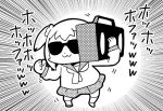  1girl :3 bangs bkub boombox carrying_over_shoulder clenched_hand dancing donkey_kong_country emphasis_lines greyscale hair_ornament hair_scrunchie holding_object monochrome parody poptepipic popuko school_uniform scrunchie serafuku short_hair short_twintails simple_background skirt solo sunglasses translation_request twintails two_side_up white_background 