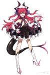  1girl bangs black_dress blue_eyes boots curled_horns detached_sleeves dragon_girl dragon_horns dragon_tail dress elizabeth_bathory_(fate) elizabeth_bathory_(fate)_(all) eyebrows_visible_through_hair fang fate/extra fate/extra_ccc fate_(series) full_body hair_between_eyes hair_ribbon hanakeda_(hanada_shiwo) hand_on_hip hand_up horns knee_boots long_hair long_sleeves open_mouth purple_ribbon redhead ribbon sleeveless sleeveless_dress solo spiked_boots spikes standing tail two_side_up very_long_hair white_footwear 