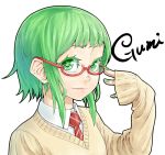  1girl character_name closed_mouth collared_shirt green_eyes green_hair green_nails gumi hand_up jaco long_sleeves looking_at_viewer nail_polish necktie red-framed_eyewear red_neckwear semi-rimless_eyewear shirt short_hair simple_background sleeves_past_wrists smile solo sweater under-rim_eyewear upper_body vocaloid white_background white_shirt wing_collar 