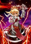  1girl absurdres armor bangs blonde_hair braid clarent clenched_teeth electricity fate/apocrypha fate_(series) french_braid gauntlets green_eyes highres holding holding_sword holding_weapon long_hair looking_at_viewer mk_(lazymk) mordred_(fate) mordred_(fate)_(all) ponytail shoulder_armor solo sword teeth weapon 