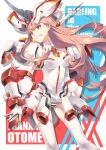  1girl breasts clenched_teeth commentary_request copyright_name darling_in_the_franxx gloves green_eyes highres leotard long_hair looking_at_viewer mecha_musume medium_breasts pink_hair simelu smile solo standing strelizia teeth thigh-highs white_gloves white_legwear white_leotard zero_two_(darling_in_the_franxx) 