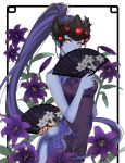  1girl alternate_costume black_lily_widowmaker breasts china_dress chinese_clothes covering_mouth cowboy_shot dress earrings fan floral_background floral_print flower folding_fan head_mounted_display jewelry lily_(flower) long_hair looking_at_viewer medium_breasts overwatch ponytail purple_hair purple_skin solo stud_earrings very_long_hair white_background widowmaker_(overwatch) yellow_eyes zonana 