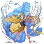  1boy 1girl arm_up armpits artist_request bracer cape child final_fantasy final_fantasy_iv fingerless_gloves gem gloves green_eyes green_hair hair_ornament leotard long_hair muscle navy_blue_leotard official_art open_mouth outstretched_arm rydia sandals sarong shouting single_glove source_request titan_(final_fantasy) wind wind_lift yellow_cape yellow_sarong 