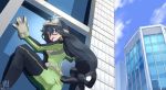  1girl ass asui_tsuyu bangs black_eyes black_hair blue_sky bodysuit boku_no_hero_academia breasts building clouds day eyebrows eyebrows_visible_through_hair eyelashes gloves goggles goggles_on_head green_bodysuit hair_between_eyes hair_rings highres long_hair long_sleeves long_tongue low-tied_long_hair open_mouth outdoors sky skyscraper small_breasts solo sou_(pale_1080) sparkle straight_hair teeth tongue tongue_out twitter_username very_long_hair white_gloves window 