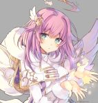  +_+ 1girl copyright_request gradient_hair green_eyes hair_ornament halo long_sleeves looking_at_viewer multicolored_hair ornament pink_hair purple_hair rento_(rukeai) solo star star_hair_ornament wings 