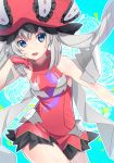  1girl :d bangs bare_shoulders big_hat blue_background blue_eyes diamond_(shape) dress eyebrows eyebrows_visible_through_hair eyelashes eyes_visible_through_hair fate/grand_order fate_(series) floral_background flower frilled_hat frills gloves hair_between_eyes hand_up hat long_hair marie_antoinette_(fate/grand_order) mimiko_(fuji_310) open_mouth outline red_dress red_gloves red_hat rose short_dress sidelocks silver_hair sleeveless sleeveless_dress smile solo tongue twintails very_long_hair white_outline 