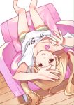  1girl bangs barefoot blonde_hair candy chair clothes_writing collarbone downblouse floor food futaba_anzu grin hair_tie hand_up highres holding horizontal_stripes idolmaster idolmaster_cinderella_girls legs_apart legs_up lollipop long_hair looking_at_viewer low_twintails lying on_back orange_eyes orange_hair oversized_clothes oversized_shirt shirt short_sleeves shorts smile solo sou_(pale_1080) striped striped_shorts twintails upside-down v-shaped_eyebrows white_shirt wooden_floor you_work_you_lose 