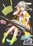  1girl :d boots copyright_name fujishiro_kokoa full_body grey_background grey_hair hair_ornament hairclip instrument invisible_chair keyboard_(instrument) keytar looking_at_viewer official_art open_mouth sitting smile solo the_caster_chronicles v watermark yellow_eyes yellow_footwear 