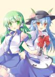  2girls blue_hair blush bow_tie breasts buttons detached_sleeves frills frog green_eyes green_hair hair_accessories hat hinanawi_tenshi kochiya_sanae leaves open_mouth peaches red_eyes skirt smile snake tareme thigh-highs touhou tsurime usakyomi vest 
