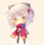  1girl bangs black_bow black_gloves black_legwear blush bow brown_background chibi closed_mouth commentary_request elbow_gloves eyebrows_visible_through_hair fate/grand_order fate_(series) fingerless_gloves full_body gloves hair_between_eyes hair_bow hair_ornament head_tilt koha-ace kouu_hiyoyo light_brown_hair long_hair looking_at_viewer okita_souji_(alter)_(fate) okita_souji_(fate)_(all) red_scarf scarf solo standing tassel thigh-highs twitter_username v-shaped_eyebrows yellow_eyes 