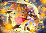  1girl 2017 ash_(bgash0207) bat_wings blush cat closed_mouth fang full_moon happy_halloween jack-o&#039;-lantern kneehighs looking_at_viewer moon night original outdoors purple_hair red_eyes sky smile solo star_(sky) starry_sky striped striped_legwear twintails wings 