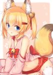  1girl :o aixioo animal_ears bangs bare_shoulders bell blonde_hair blue_eyes blush bow breasts chinese_commentary collarbone commentary_request detached_sleeves eyebrows_visible_through_hair fang fox_ears fox_girl fox_tail hair_bell hair_between_eyes hair_ornament hair_ribbon hairclip highres jingle_bell kemomimi_oukoku_kokuei_housou long_sleeves medium_breasts mikoko_(kemomimi_oukoku_kokuei_housou) navel panties parted_lips pleated_skirt red_bow red_ribbon red_skirt ribbon ribbon-trimmed_legwear ribbon_trim sidelocks skirt sleeves_past_fingers sleeves_past_wrists solo tail thigh-highs two_side_up underwear white_legwear white_panties wide_sleeves 