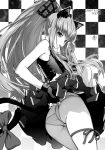  1girl adjusting_clothes adjusting_panties animal_ears black_gloves c.c. checkered checkered_background code_geass fingerless_gloves gloves highres kawakami_rokkaku long_hair monochrome mouth_hold panties ponytail protected_link ribbon skirt solo standing tail underwear 