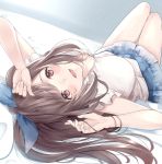  1girl :d bangs blue_skirt bracelet breasts breasts_apart brown_hair commentary_request hair_spread_out hands_up idolmaster idolmaster_shiny_colors irohakaede jewelry large_breasts legs_up light_particles long_hair looking_at_viewer lying on_back on_bed open_mouth pink_eyes pleated_skirt ponytail shirt skirt smile solo tsukioka_kogane upside-down white_shirt 