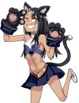  1girl 774_(nanashi) animal_ears bangs bare_shoulders blue_skirt blush cat_ears cat_girl cat_paws cat_tail collarbone cowboy_shot crop_top dark_skin eyebrows gloves grin hair_ornament hairclip ijiranaide_nagatoro-san kemonomimi_mode leg_up long_hair miniskirt multicolored_shirt nagatoro navel one_eye_closed orange_eyes paw_gloves paws pleated_skirt shirt shoes simple_background skirt sleeveless sleeveless_shirt smile solo standing standing_on_one_leg stomach straight_hair tail tail_raised turtleneck v v_over_eye white_background white_footwear 