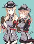  2girls ^_^ ^o^ anchor anchor_hair_ornament bare_shoulders bismarck_(kantai_collection) black_skirt blonde_hair blue_background closed_eyes dated detached_sleeves hair_between_eyes hair_ornament hat kabocha_torute kantai_collection long_hair long_sleeves low_twintails military military_hat military_uniform multiple_girls open_mouth peaked_cap pleated_skirt prinz_eugen_(kantai_collection) simple_background skirt smile twintails twitter_username uniform 