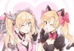  2girls alternate_costume alternate_hairstyle animal_ears bare_shoulders black_cat_d.va black_dress black_gloves blonde_hair blue_eyes bow bowtie breasts cat_ears clenched_hand d.va_(overwatch) dress elbow_gloves fingerless_gloves gloves hair_ribbon heart index_finger_raised jewelry lolita_fashion looking_at_viewer mechanical_halo mechanical_wings medium_breasts medium_hair multiple_girls overwatch parted_lips pink_bow pink_dress pink_gloves pink_mercy pink_ribbon pink_wings puffy_short_sleeves puffy_sleeves ribbon short_sleeves siam_(meow13) sketch smile sparkle twintails upper_body wings 