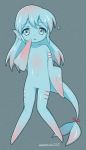  1girl :o air_bubble animal_ears blue_eyes blue_hair blue_sclera blue_skin bubble fish_girl_(kai_himo) full_body gills gradient_hair grey_background hand_up head_fins kai_himo knees_together_feet_apart long_hair monster_girl multicolored_hair no_feet no_hands nude original parted_lips pink_hair red_pupils solo tail twitter_username 
