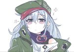  1girl bangs blush_stickers brown_eyes commentary eyebrows_visible_through_hair flat_cap g11_(girls_frontline) girls_frontline green_hat green_jacket hair_between_eyes hat jacket long_hair looking_at_viewer open_clothes open_jacket pebblejang purple_scarf scarf silver_hair simple_background solo strap_slip tank_top white_background white_tank_top 