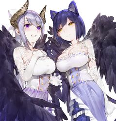  2girls animal_ears bangs black_wings blue_hair bow breasts cat_ears cleavage closed_mouth collarbone dress elbow_gloves frills from_below gloves grin hair_between_eyes hair_bow higuchi_kaede horns iteranima large_breasts long_hair looking_at_viewer mole mole_under_eye multiple_girls nijisanji shizuka_rin short_hair silver_hair smile violet_eyes virtual_youtuber white_bow wings yellow_eyes 