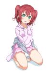  1girl between_legs breasts collarbone enpu_(ufo) eyebrows_visible_through_hair fangs full_body green_eyes hair_between_eyes hand_between_legs head_tilt kneeling kurosawa_ruby long_hair love_live! love_live!_sunshine!! miniskirt open_mouth pink_legwear pink_skirt pink_sweater pleated_skirt redhead simple_background skirt small_breasts socks solo sweater twintails white_background 