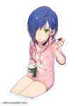  1girl absurdres artist_name blue_hair commentary cropped_legs cup darling_in_the_franxx dated drawstring earphones earphones eyebrows_visible_through_hair eyes_visible_through_hair gorgeous_mushroom green_eyes hair_over_one_eye highres holding hood hood_down hoodie ichigo_(darling_in_the_franxx) looking_at_viewer parted_lips paw_print pink_hoodie revision short_hair signature simple_background sitting solo white_background 