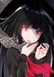  1girl bangs black_hair black_shirt closed_mouth commentary_request fate/grand_order fate_(series) fingernails grey_scarf hands_up head_tilt highres ko_yu long_hair long_sleeves looking_at_viewer oryuu_(fate) pink_eyes red_neckwear scarf shirt solo tongue tongue_out very_long_hair 