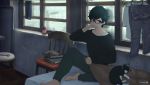  1boy 5114ave absurdres amamiya_ren androgynous aqua_hair barefoot black_hair book book_stack can cat chair chromatic_aberration clothes_hanger clothesline dated glasses grey_eyes hand_behind_head highres indoors laundry long_sleeves morgana_(persona_5) nail on_bed pants parted_lips persona persona_5 pillow rain reflection short_hair sitting sitting_on_bed soda_can solo stool sweatpants sweatshirt undershirt window wrench 