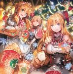  3girls alternate_costume anchor_hair_ornament apron armband bangs bare_shoulders bismarck_(kantai_collection) blonde_hair blue_eyes blush bow bread breasts capelet christmas christmas_lights christmas_ornaments christmas_tree corset cup detached_sleeves dirndl expressionless food german_clothes graf_zeppelin_(kantai_collection) grey_eyes hair_between_eyes hair_ornament hat holding holding_cup holding_mug holding_tray kantai_collection large_breasts light_particles long_hair looking_at_viewer low_twintails maid maid_headdress mug multiple_girls open_mouth prinz_eugen_(kantai_collection) puffy_short_sleeves puffy_sleeves rioka_(southern_blue_sky) santa_hat short_sleeves sidelocks smile snow snowflake_print traditional_clothes tray tsurime twintails 