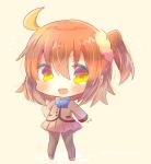  1girl :d bangs beige_background black_legwear blazer blue_bow blush bow brown_blazer brown_eyes brown_footwear brown_hair brown_skirt chibi commentary_request eyebrows_visible_through_hair fate/grand_order fate_(series) fujimaru_ritsuka_(female) full_body hair_between_eyes hair_ornament hair_scrunchie hand_on_hip jacket kouu_hiyoyo one_side_up open_mouth outstretched_arm pantyhose pleated_skirt school_uniform scrunchie simple_background skirt smile solo standing twitter_username v-shaped_eyebrows yellow_scrunchie 