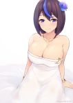  1girl bare_shoulders blue_eyes blue_flower blue_rose blush bracelet breasts brown_hair cleavage commentary_request crescent crescent_moon_pin dress eyebrows_visible_through_hair flower hair_flower hair_ornament highres huge_breasts jewelry kuavera looking_at_viewer mole mole_under_mouth multicolored_hair necklace original rose short_hair signature sitting smile solo streaked_hair twitter_username white_dress 