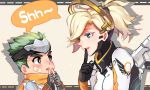  1boy 1girl bandaid_on_cheek bodysuit breasts brown_eyes child emblem finger_to_mouth fingerless_gloves forehead_protector genji_(overwatch) gloves green_hair high_ponytail japanese_clothes looking_at_another mechanical_halo mechanical_wings medium_breasts medium_hair mercy_(overwatch) nose overwatch parted_lips patch pink_lips scarf shadow short_hair shushing speech_bubble upper_body white_bodysuit wings young_genji younger zonana 