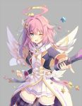  &gt;:) 1girl copyright_request dress gradient_hair green_eyes holding holding_wand jacket long_sleeves looking_back medium_hair multicolored_hair one_eye_closed pink_hair pointing pointing_at_viewer purple_hair purple_jacket rento_(rukeai) solo star thigh-highs wand white_dress wings 