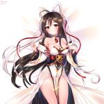  1girl animal_ears ara_han black_hair breasts cleavage closed_mouth cowboy_shot detached_collar detached_sleeves elsword fake_animal_ears heterochromia highres large_breasts long_hair looking_at_viewer multicolored_hair red_eyes shiny shiny_skin shiva_(elsword) smile solo tassel two-tone_hair xes_(xes_5377) yellow_eyes 
