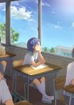  1girl 2boys black_skirt blue_eyes blue_hair blush chair closed_mouth day desk hirose_yuki indoors kneehighs looking_away looking_out_window multiple_boys notebook original school_uniform serafuku short_hair short_sleeves sitting skirt white_legwear window 