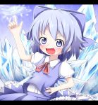  1girl :d arm_up bangs blue_bow blue_eyes blue_hair blue_skirt blue_vest blush bow cirno collared_shirt commentary_request dress_shirt eyebrows_visible_through_hair hair_bow hand_on_hip highres ice ice_wings index_finger_raised long_hair looking_at_viewer makuran neck_ribbon open_mouth pink_ribbon puffy_short_sleeves puffy_sleeves ribbon shirt short_sleeves skirt smile solo touhou v-shaped_eyebrows vest white_shirt wings 