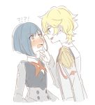  !? 1boy 1girl blonde_hair blue_hair blush bob_cut darling_in_the_franxx eye_contact flustered green_eyes hand_on_another&#039;s_chin ichigo_(darling_in_the_franxx) looking_at_another nine_alpha_(darling_in_the_franxx) open_mouth short_hair simple_background sketch smile surprised unapoppo uniform white_background 