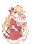  1girl bag beret blonde_hair blue_hair bow copyright_request dress drill_hair hat heart holding holding_stuffed_animal looking_at_viewer magnifying_glass red_bow red_dress rento_(rukeai) smile solo star stuffed_animal stuffed_toy teddy_bear 