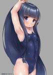  1girl absurdres arms_up artist_name black_hair blue_eyes blue_swimsuit breasts competition_school_swimsuit covered_navel cowboy_shot grey_background highres long_hair looking_at_viewer midnight_(midnightstream3) original ponytail school_swimsuit simple_background small_breasts solo standing swimsuit 