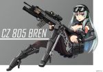  1girl absurdres ammunition_pouch aqua_hair armored_boots blue_eyes boots breasts character_name cleavage cleavage_cutout cz-805 cz-805_(girls_frontline) exoskeleton eyebrows_visible_through_hair girls_frontline goggles goggles_on_head grenade_launcher gun hair_between_eyes headset high_heels highres holding holding_gun holding_weapon knee_up long_hair magazine_(weapon) medium_breasts navel ndtwofives night_vision_device open_mouth pantyhose pleated_skirt pouch rifle scope sidelocks skirt solo trigger trigger_discipline twitter_username two-tone_background underbarrel_grenade_launcher weapon 