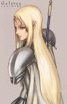  1girl blonde_hair blue_eyes cape character_name claymore claymore_(sword) closed_mouth copyright_name galatea grey_background long_hair looking_at_viewer looking_back pauldrons simple_background smile solo standing tea_(nakenashi) upper_body weapon weapon_on_back white_cape 