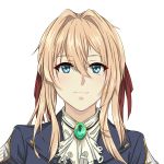  1girl absurdres bangs blonde_hair blue_eyes eyebrows_visible_through_hair gem hair_between_eyes hair_ribbon highres ice_dacapo long_hair portrait red_ribbon ribbon simple_background smile solo violet_evergarden violet_evergarden_(character) white_background 