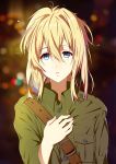  1girl aicky belt blonde_hair blue_eyes blurry blurry_background eyebrows_visible_through_hair green_jacket hair_between_eyes jacket long_hair looking_at_viewer military military_uniform open_mouth solo uniform upper_body violet_evergarden violet_evergarden_(character) 