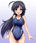  1girl black_eyes black_hair black_swimsuit blush breasts competition_swimsuit girls_und_panzer grey_background highres isuzu_hana large_breasts long_hair messy_hair one-piece_swimsuit open_mouth smile solo swimsuit wet wet_clothes wet_swimsuit zanntetu 
