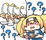  1girl ? bean_sprout blonde_hair blue_shirt blush chibi gambier_bay_(kantai_collection) hairband holding holding_plate kantai_collection legs long_hair nobuyoshi-zamurai open_mouth plate shirt thought_bubble twintails 