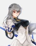  1girl azur_lane bangs breastplate breasts corset diamond_(shape) eyebrows_visible_through_hair eyes_visible_through_hair fleur_de_lis floating_hair gauntlets grey_hair hair_between_eyes hair_ornament hand_up head_tilt highres holding holding_polearm holding_weapon impossible_clothes large_breasts long_hair looking_away miniskirt mole mole_under_eye parted_lips pleated_skirt pointing polearm red_eyes saint-louis_(azur_lane) sidelocks simple_background skirt skyde_kei solo weapon white_background white_footwear white_skirt 
