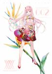  1girl alternate_costume artist_name bag blush character_name closed_mouth copyright_name darling_in_the_franxx ekita_xuan fingernails flower flower_request green_eyes hairband hand_on_hip high_heels highres horns legs_apart long_hair looking_at_viewer nail_polish pink_hair pink_shirt red_footwear red_nails red_skirt shirt shoulder_bag skirt smile solo white_background zero_two_(darling_in_the_franxx) 