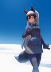  1girl :o animal_ears arm_at_side bangs black_bow black_gloves black_hair black_legwear black_neckwear black_skirt blue_jacket blue_sky bow bowtie breasts buttons commentary_request cowboy_shot day dress_shirt emoto_reishi eyelashes fox_ears fox_tail fur-trimmed_sleeves fur_trim gloves gradient gradient_hair grey_skirt hair_between_eyes hand_up highres jacket kemono_friends legs_together long_hair long_sleeves looking_away miniskirt multicolored_hair necktie open_mouth orange_eyes outdoors pantyhose pleated_skirt pocket purple_shirt shirt silver_fox_(kemono_friends) silver_hair skirt sky smile snow solo standing tail two-tone_hair 