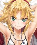  1girl aqua_eyes armpits arms_up bikini_top blonde_hair blush breasts closed_mouth collarbone fate/grand_order fate_(series) highres jewelry looking_at_viewer messy_hair mordred_(fate)_(all) necklace ponytail sidelocks small_breasts smile solo tonee upper_body white_bikini_top 